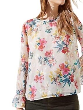 LOFT White Ruffled-Sleeve Blouse with Pink & Blue Floral Print